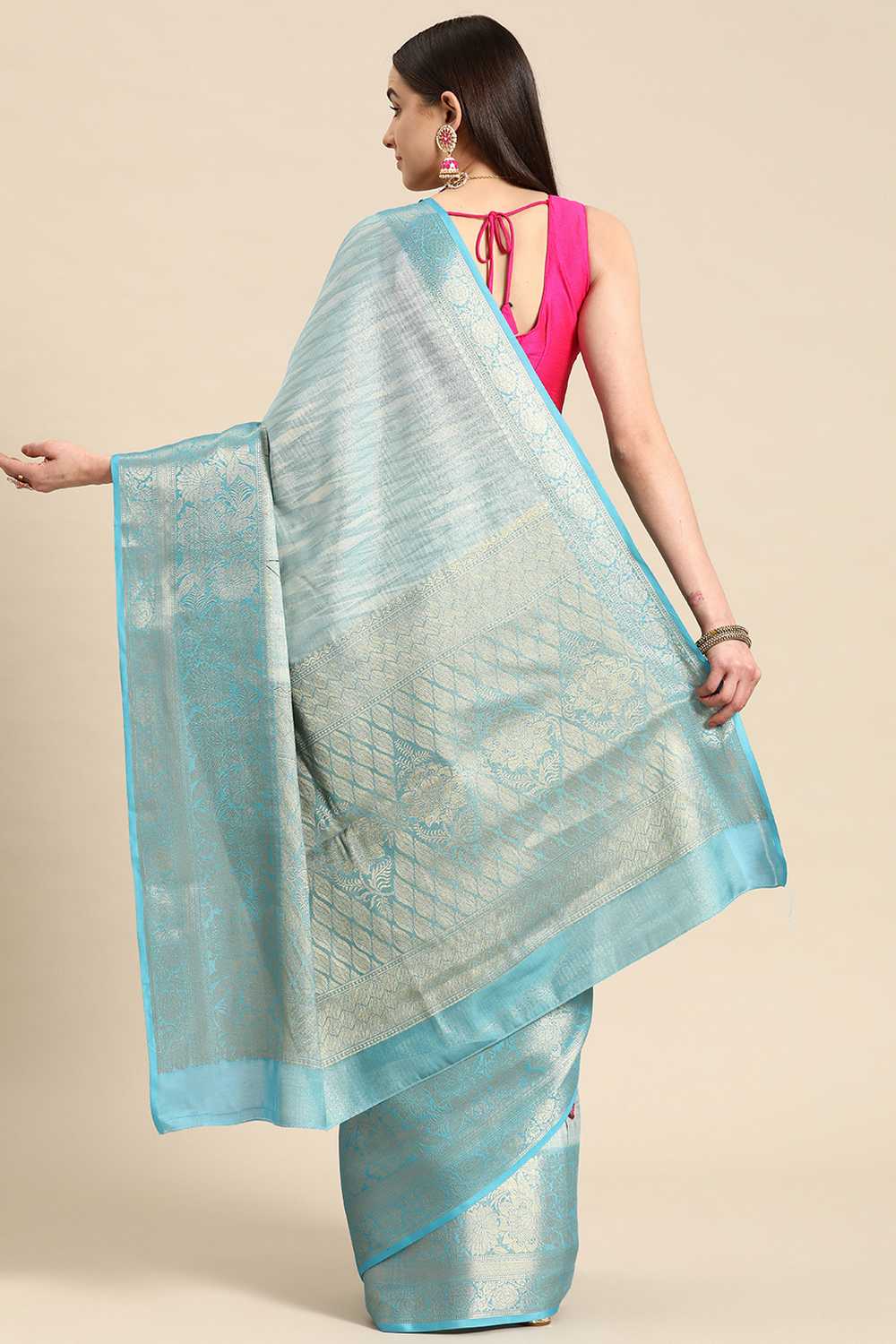 Anise Blue Tissue Floral Digital Printed Ready to Wear One Minute Saree