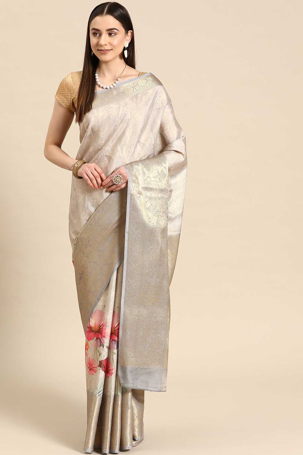 Anise Grey Tissue Floral Digital Printed Ready to Wear One Minute Saree