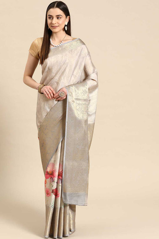 Anise Grey Tissue Floral Digital Printed Ready to Wear One Minute Saree