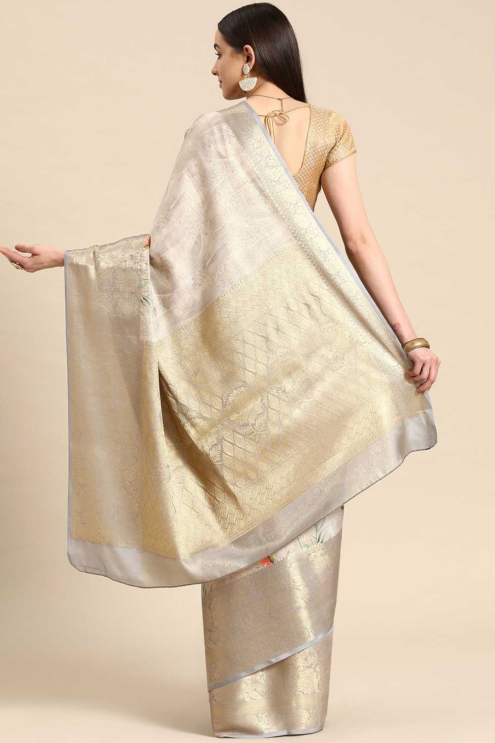 Anise Grey Tissue Floral Digital Printed Ready to Wear One Minute Saree