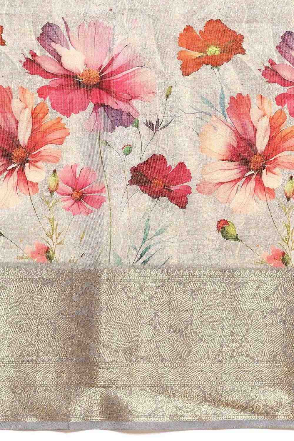 Anise Grey Tissue Floral Digital Printed Ready to Wear One Minute Saree