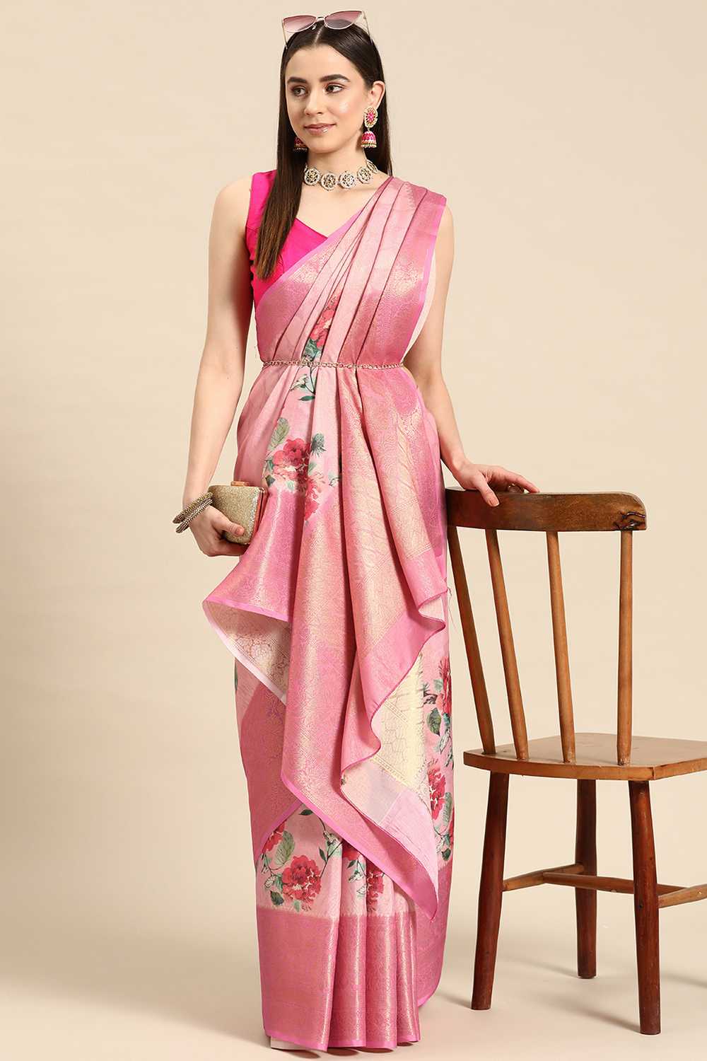Anise Pink Tissue Floral Digital Printed Ready to Wear One Minute Saree