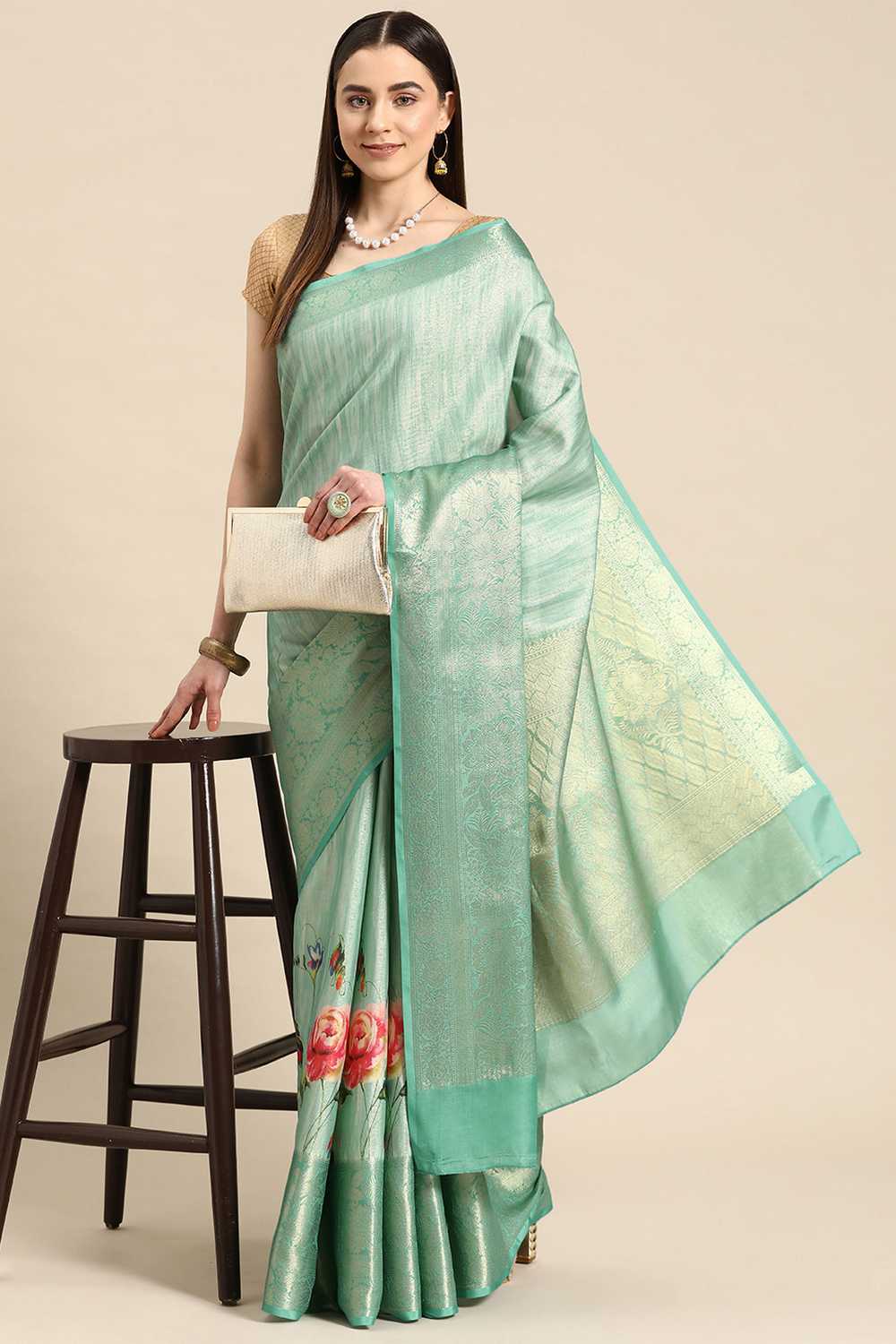 Anise Teal Tissue Floral Digital Printed Ready to Wear One Minute Saree
