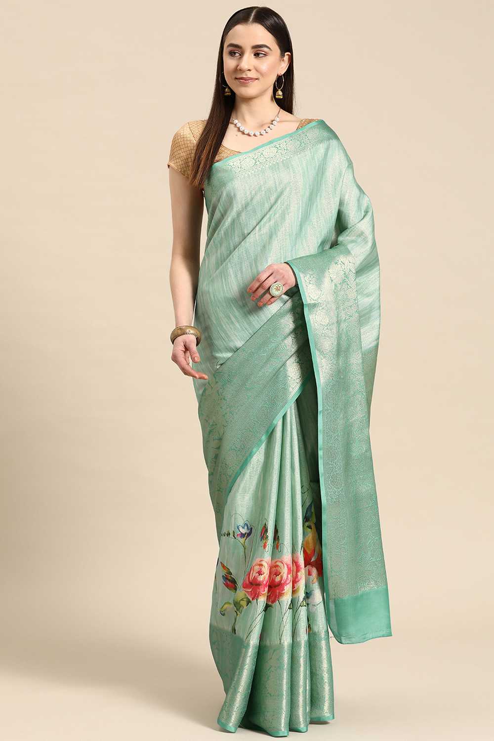 Anise Teal Tissue Floral Digital Printed Ready to Wear One Minute Saree