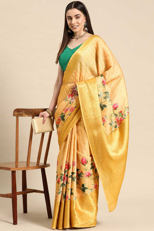 Anise Yellow Tissue Floral Digital Printed Ready to Wear One Minute Saree