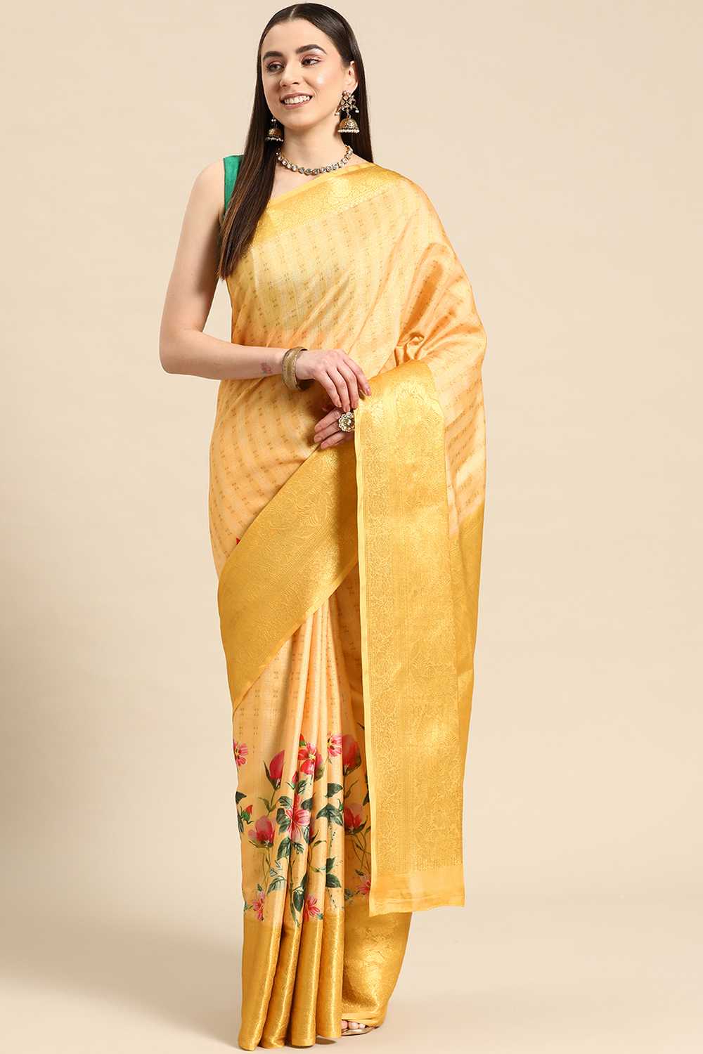 Anise Yellow Tissue Floral Digital Printed Ready to Wear One Minute Saree