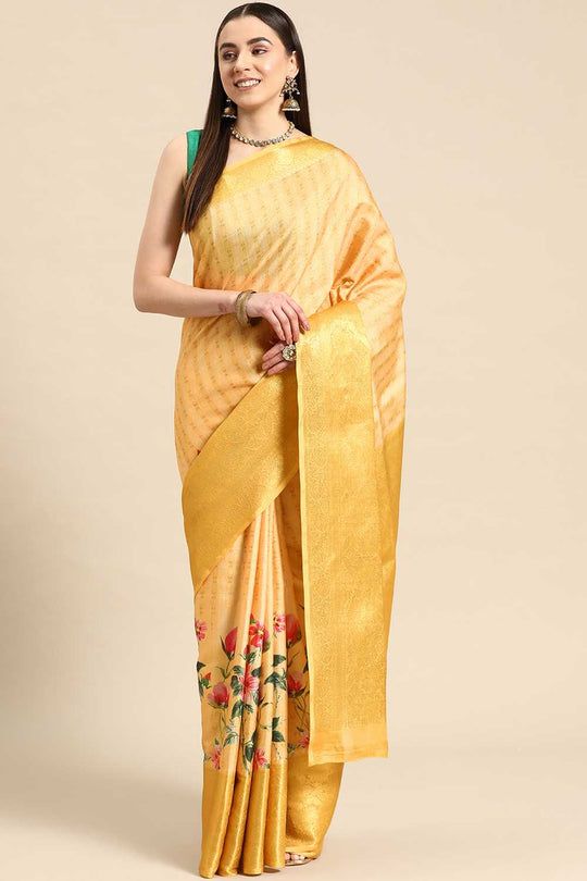 Anise Yellow Tissue Floral Digital Printed Ready to Wear One Minute Saree