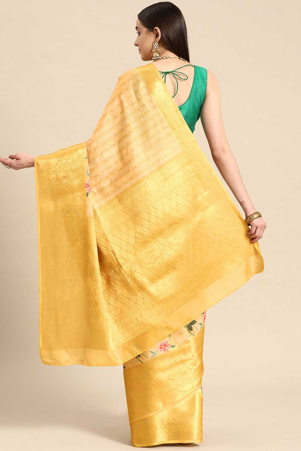 Anise Yellow Tissue Floral Digital Printed Ready to Wear One Minute Saree