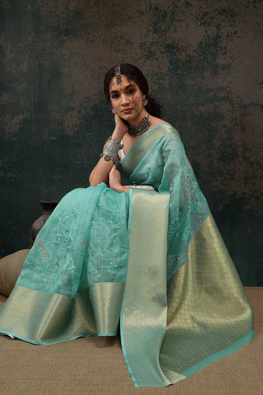 Diana Teal Kota Doria Floral Embroidered Ready to Wear One Minute Saree
