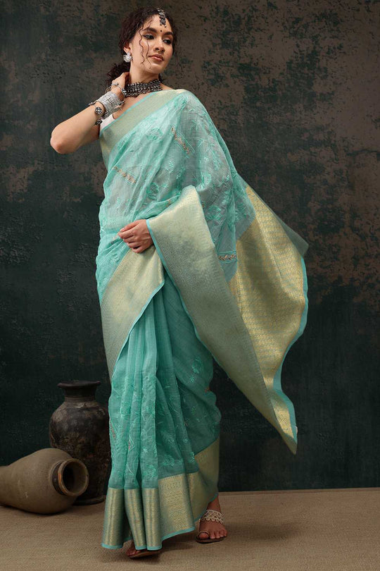 Diana Teal Kota Doria Floral Embroidered Ready to Wear One Minute Saree