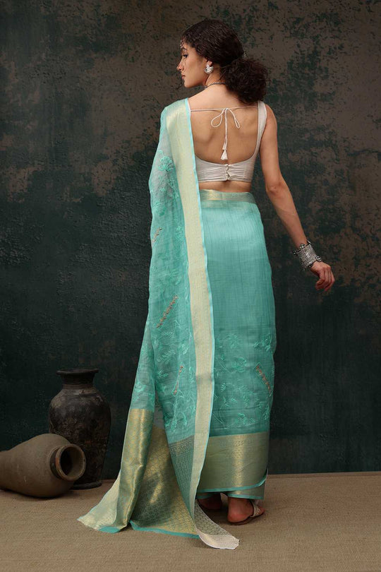Diana Teal Kota Doria Floral Embroidered Ready to Wear One Minute Saree