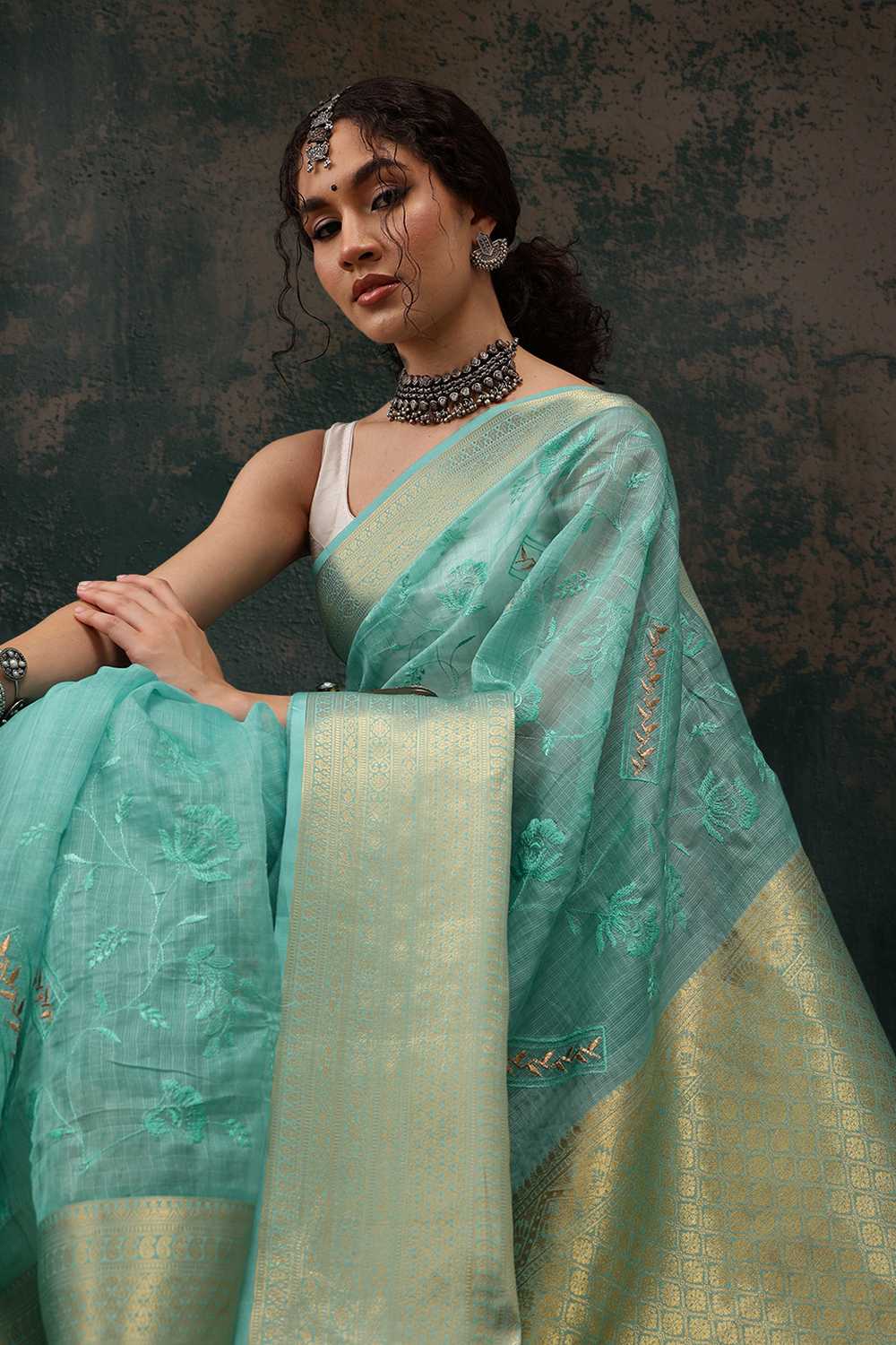 Diana Teal Kota Doria Floral Embroidered Ready to Wear One Minute Saree