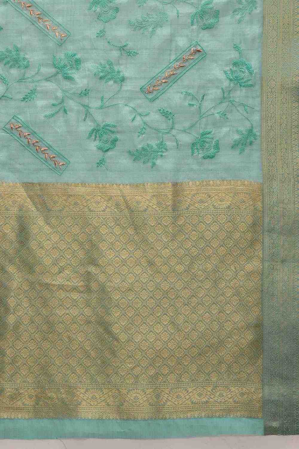 Diana Teal Kota Doria Floral Embroidered Ready to Wear One Minute Saree