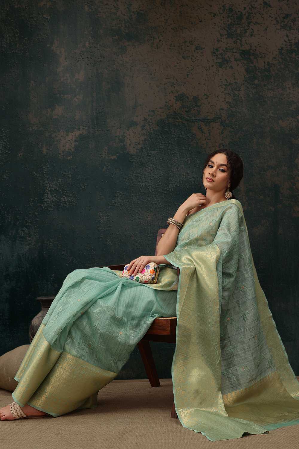 Diana Green Kota Doria Floral Embroidered Ready to Wear One Minute Saree