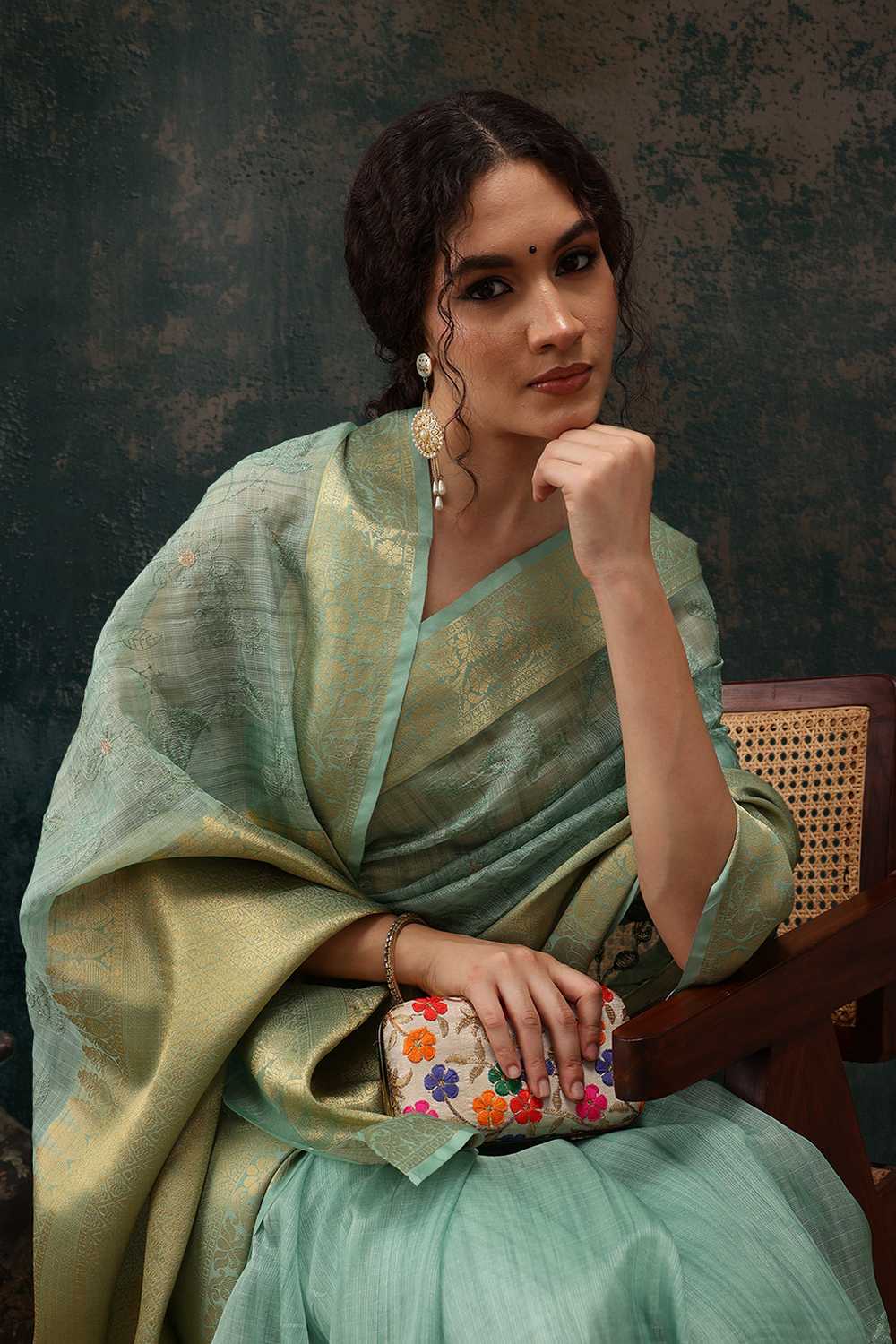 Diana Green Kota Doria Floral Embroidered Ready to Wear One Minute Saree