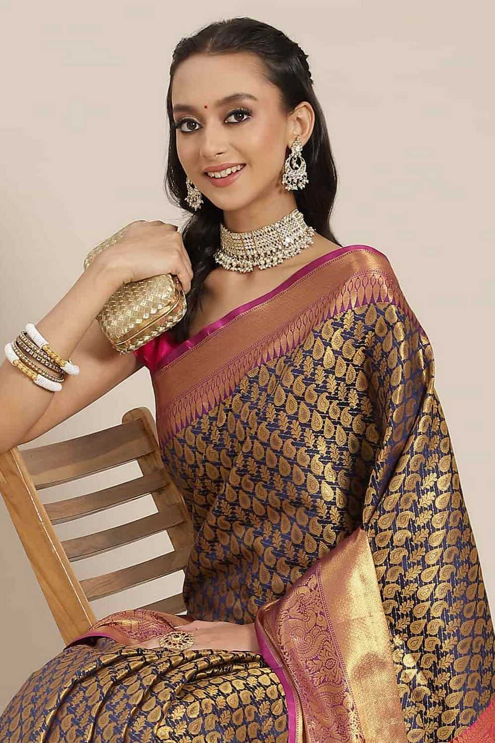 Bina Navy Blue Brocade Woven Ready to Wear One Minute Saree