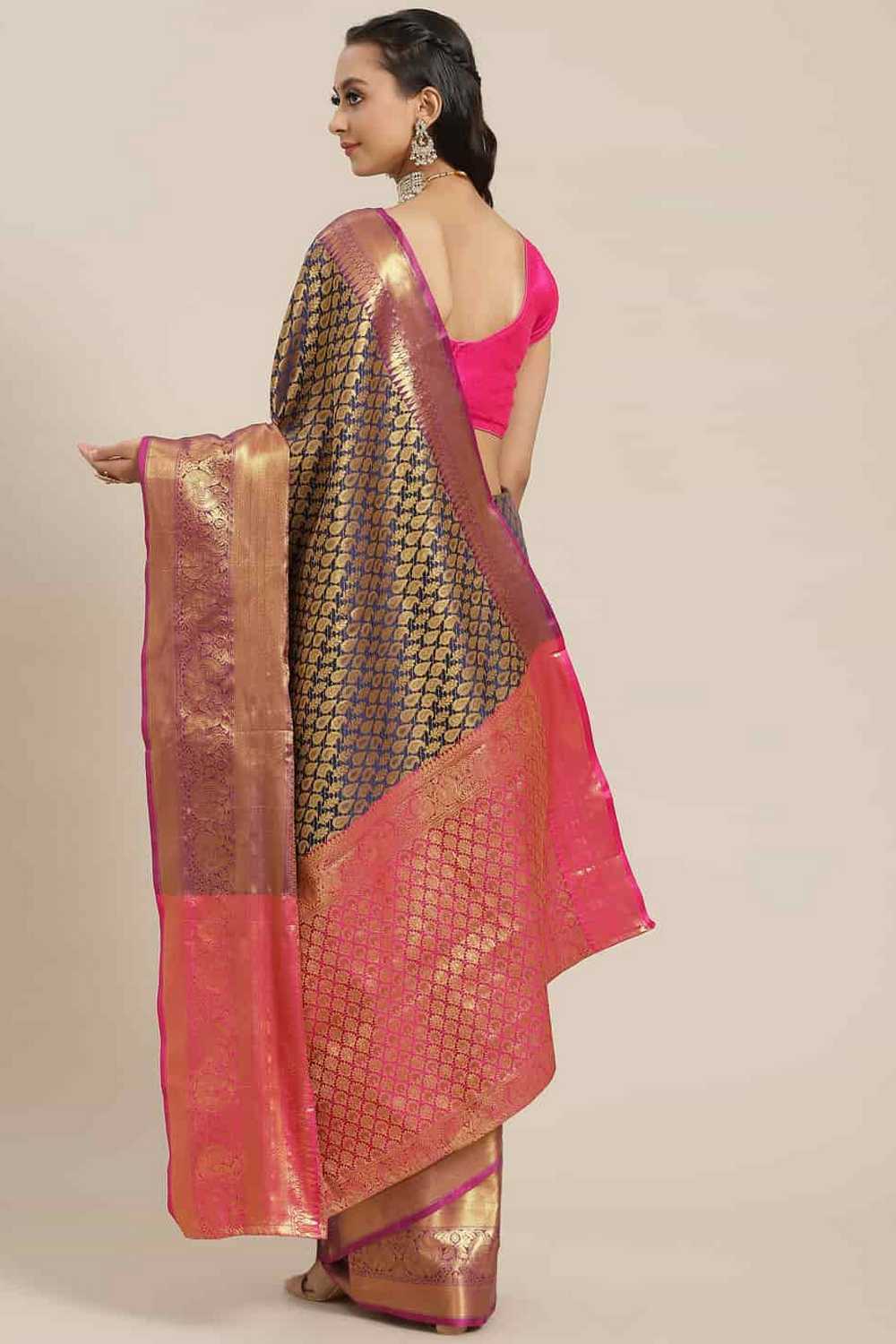 Bina Navy Blue Brocade Woven Ready to Wear One Minute Saree