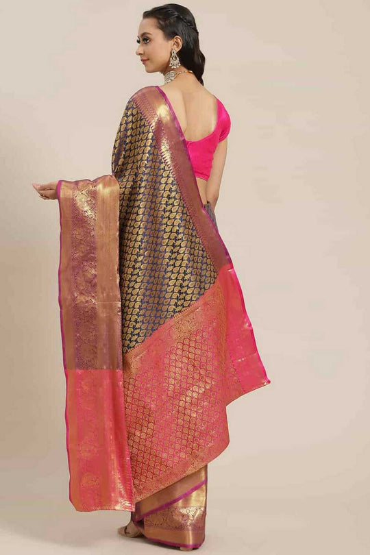 Bina Navy Blue Brocade Woven Ready to Wear One Minute Saree