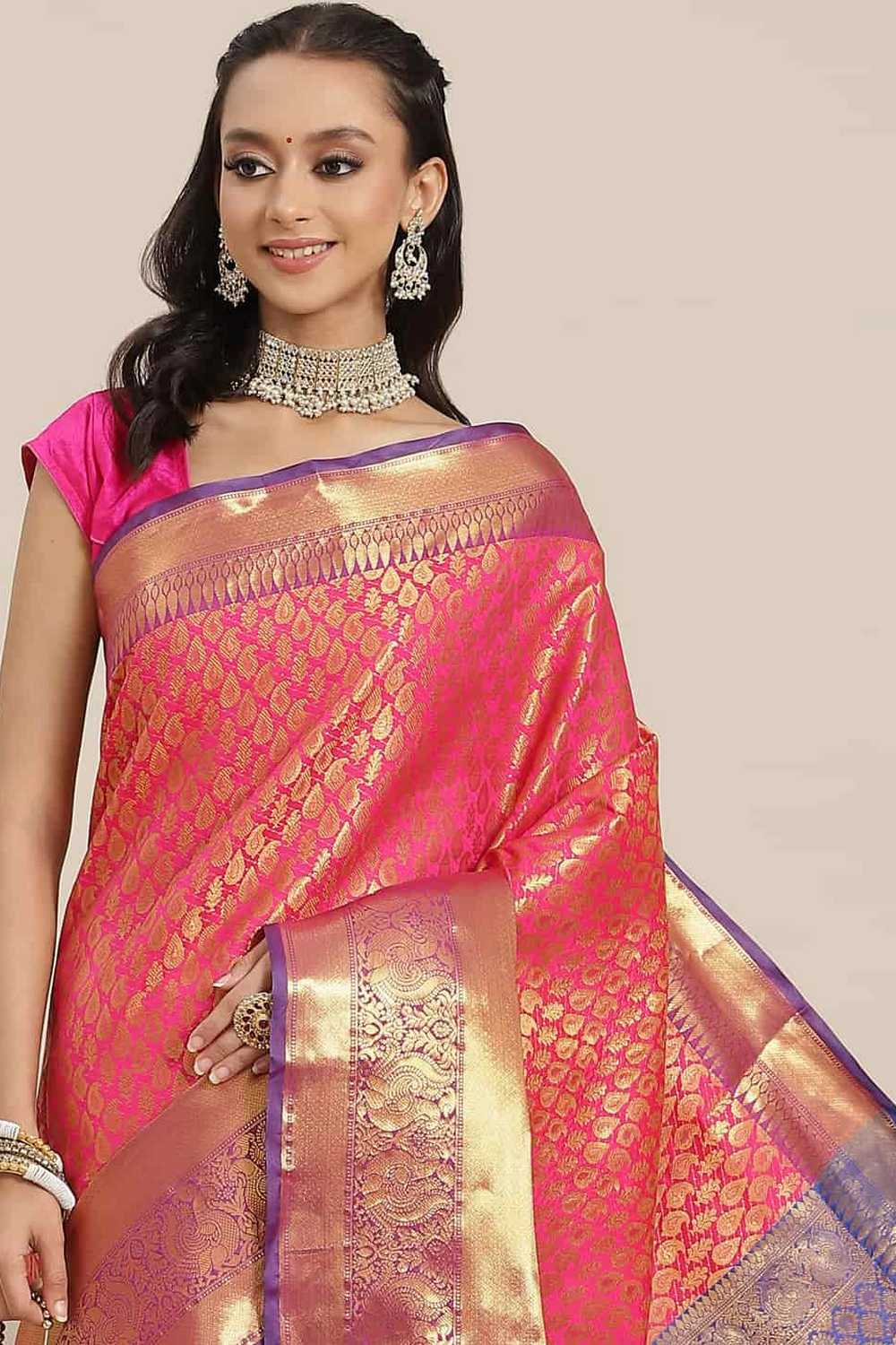 Bina Pink Brocade Woven Ready to Wear One Minute Saree