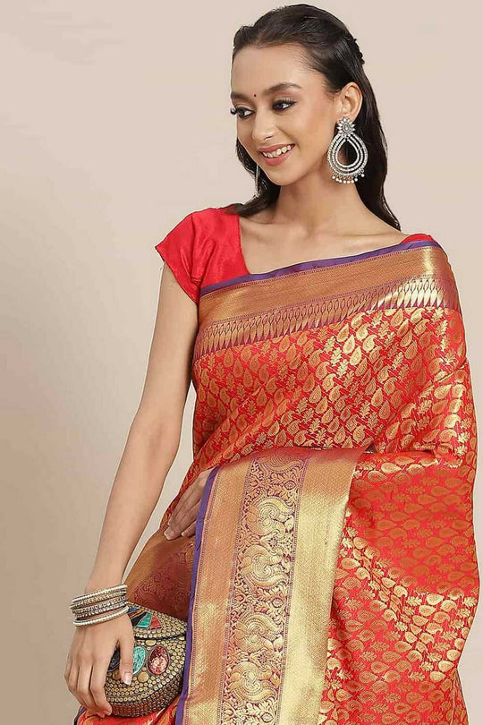 Bina Red Brocade Woven Ready to Wear One Minute Saree