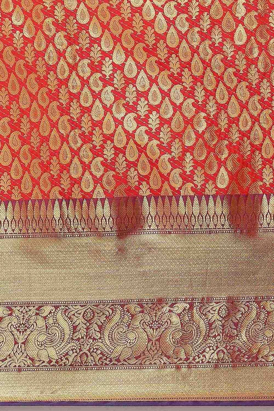 Bina Red Brocade Woven Ready to Wear One Minute Saree