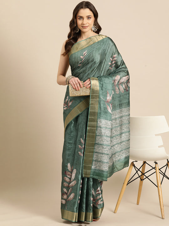 Lucia Green Soft Silk Floral Digital Printed Ready to Wear One Minute Saree