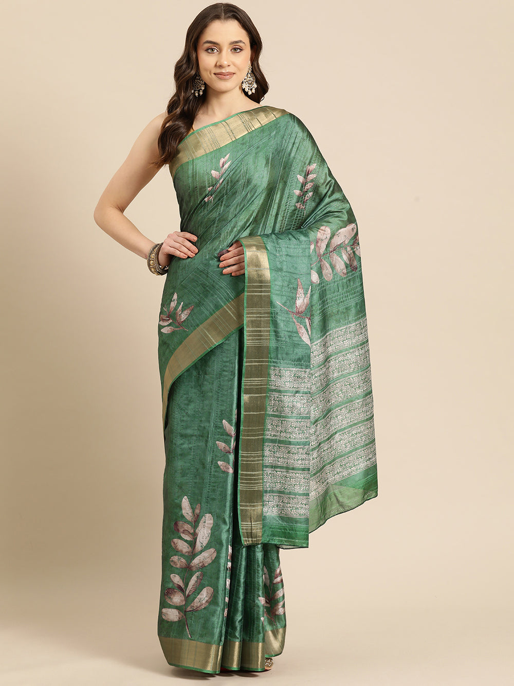 Lucia Green Soft Silk Floral Digital Printed Ready to Wear One Minute Saree