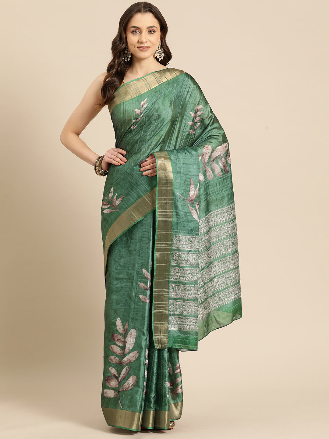 Lucia Green Soft Silk Floral Digital Printed Ready to Wear One Minute Saree