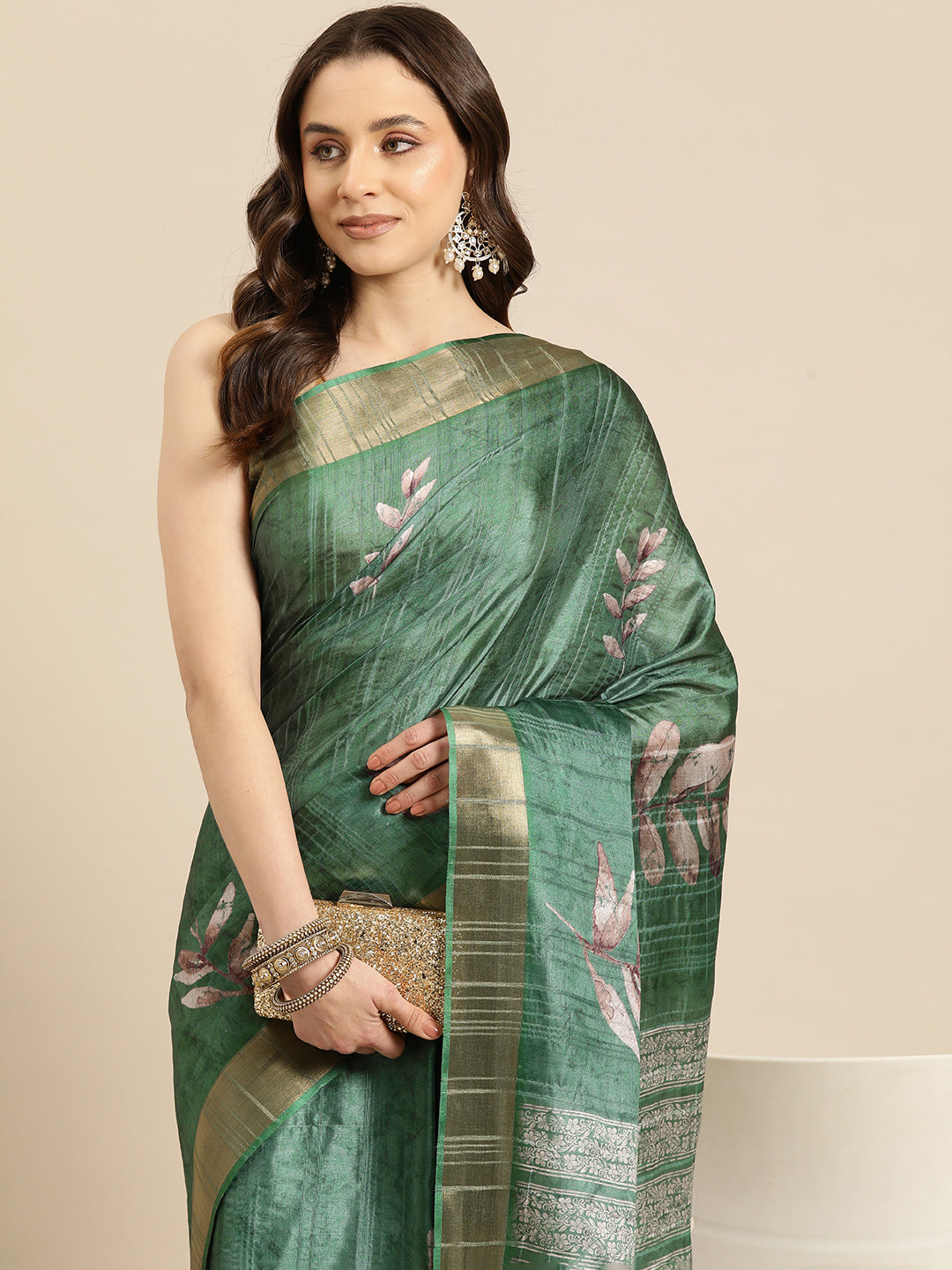 Lucia Green Soft Silk Floral Digital Printed Ready to Wear One Minute Saree