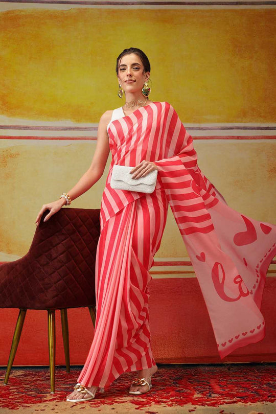 Eva Pink Mul Cotton Striped Digital Printed Ready to Wear One Minute Saree