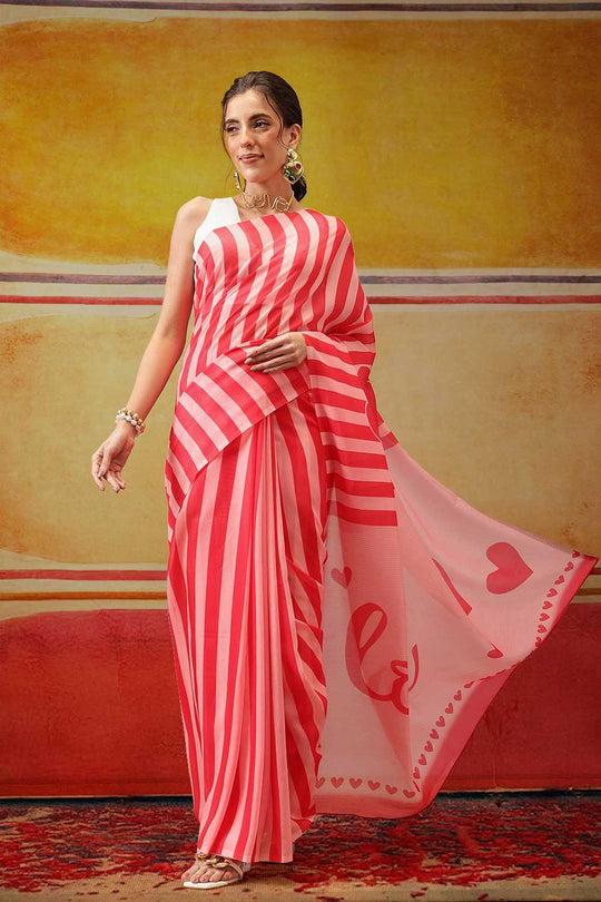 Eva Pink Mul Cotton Striped Digital Printed Ready to Wear One Minute Saree