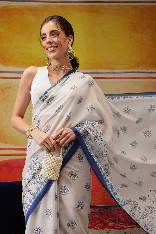 Eva White Mul Cotton Kalamkari Digital Printed Ready to Wear One Minute Saree