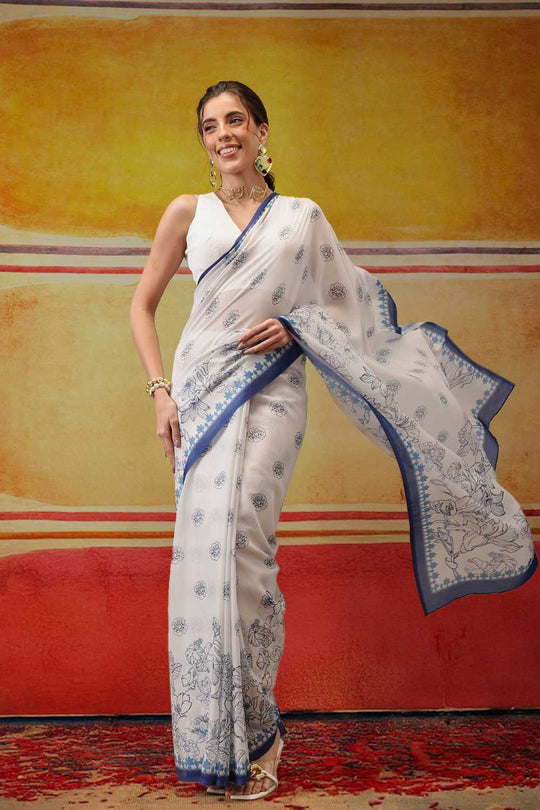 Eva White Mul Cotton Kalamkari Digital Printed Ready to Wear One Minute Saree