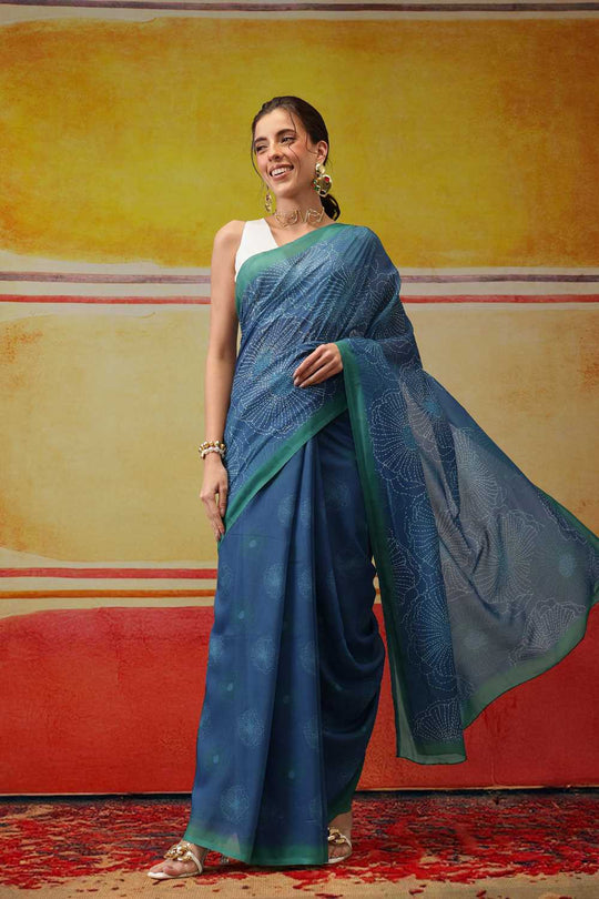 Eva Teal Mul Cotton Floral Digital Printed Ready to Wear One Minute Saree