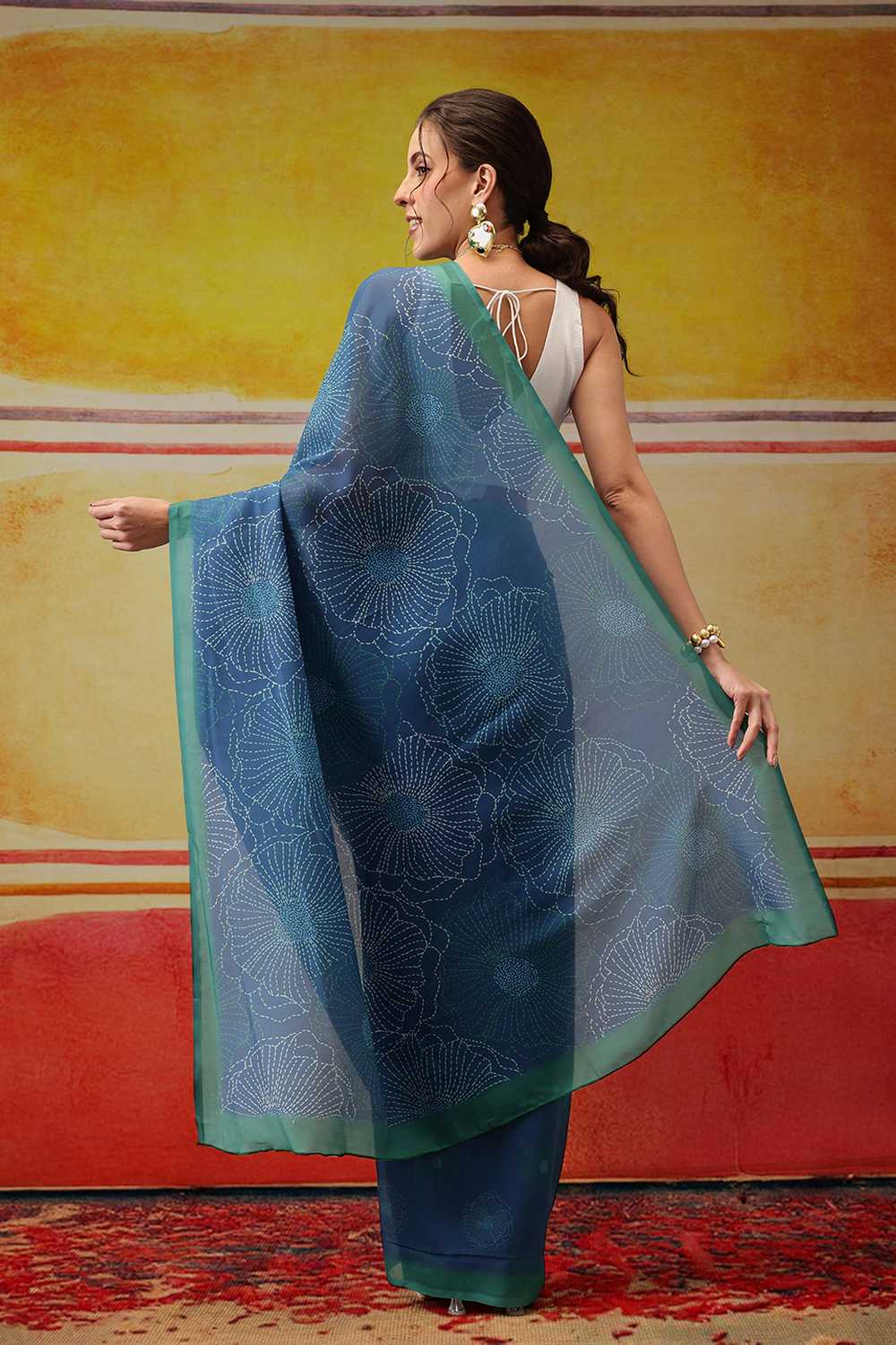 Eva Teal Mul Cotton Floral Digital Printed Ready to Wear One Minute Saree