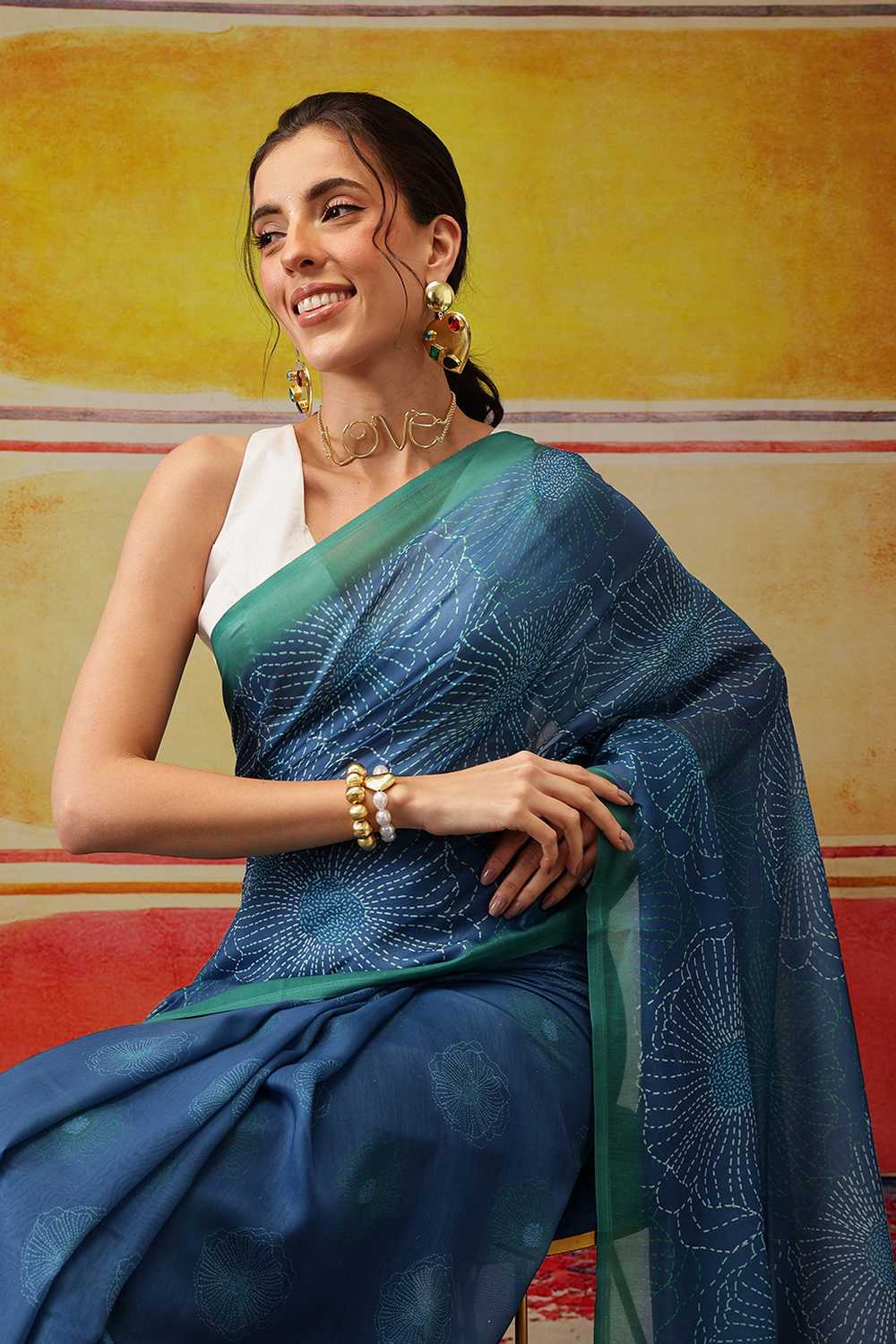 Eva Teal Mul Cotton Floral Digital Printed Ready to Wear One Minute Saree