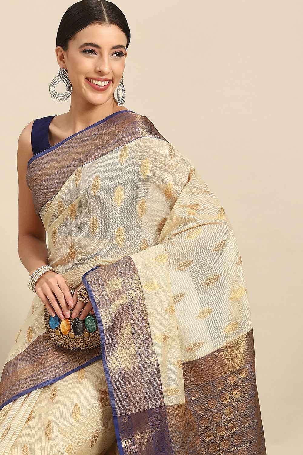 Anise Navy Blue Tissue Floral Woven Ready to Wear One Minute Saree