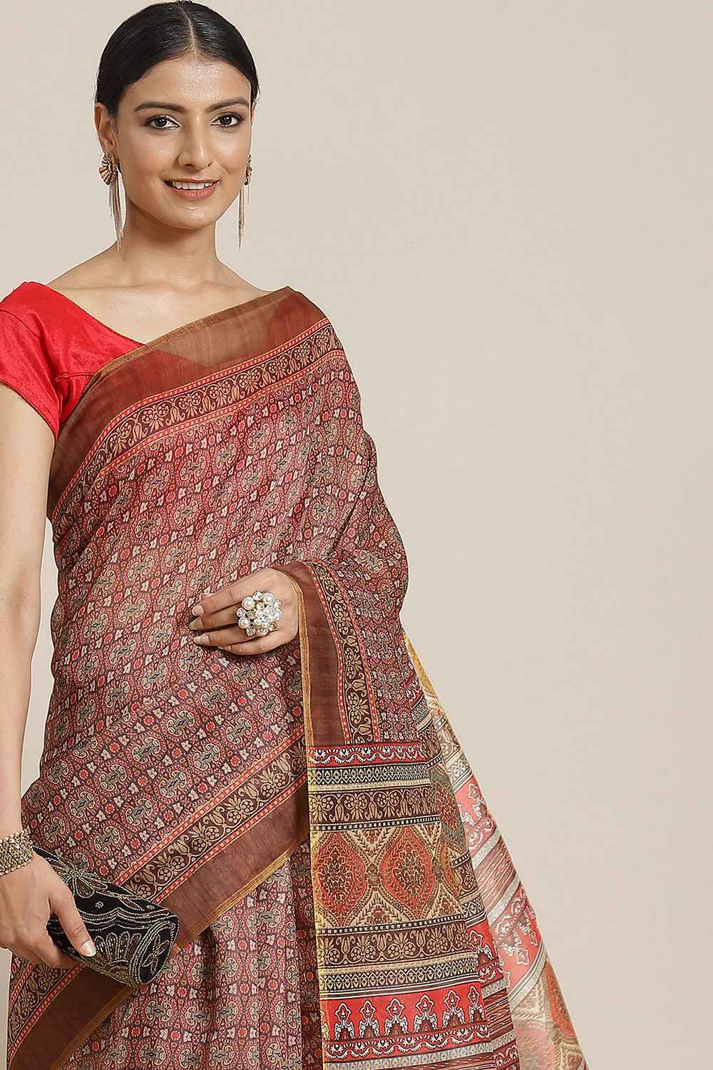 Zora Beige Cotton Blend Kalamkari Digital Printed Ready to Wear One Minute Saree
