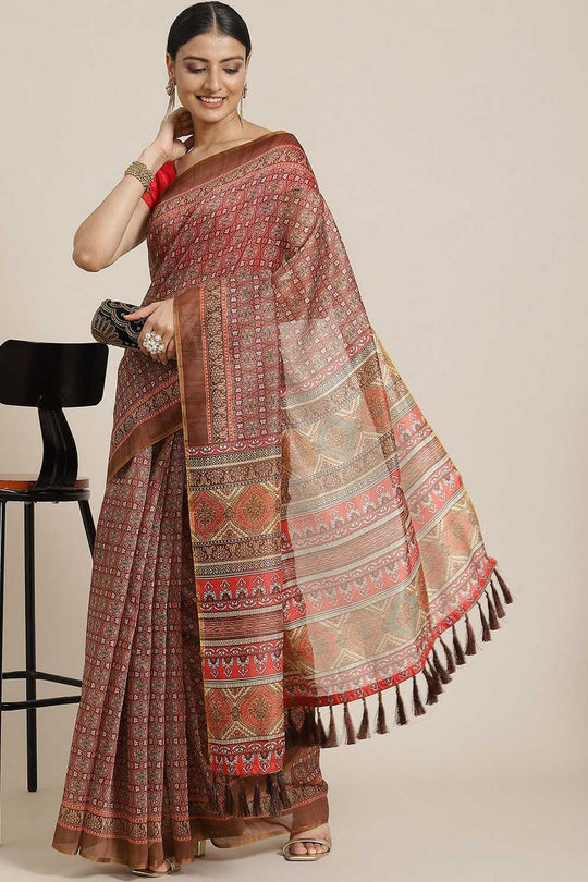 Zora Beige Cotton Blend Kalamkari Digital Printed Ready to Wear One Minute Saree