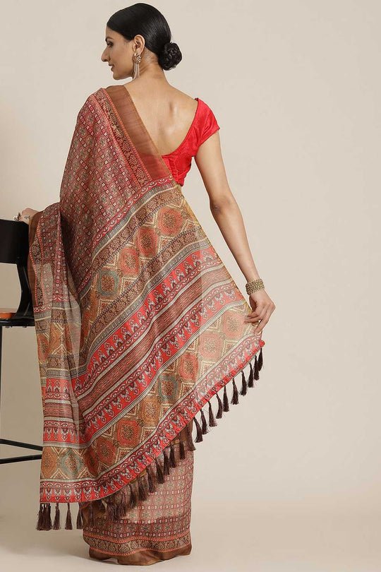 Zora Beige Cotton Blend Kalamkari Digital Printed Ready to Wear One Minute Saree