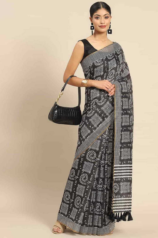 Zora Black Cotton Blend Abstract Digital Printed Ready to Wear One Minute Saree