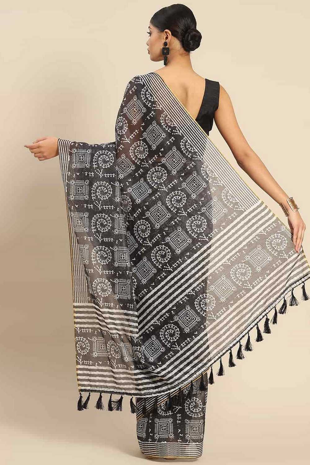 Zora Black Cotton Blend Abstract Digital Printed Ready to Wear One Minute Saree