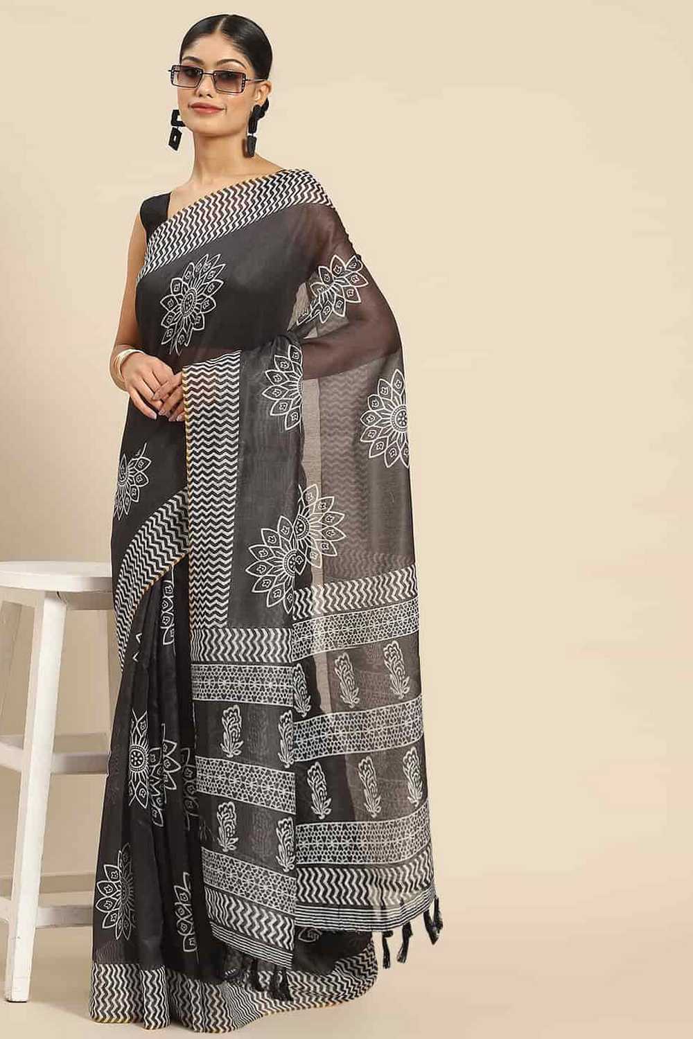 Zora Black Cotton Blend Abstract Digital Printed Ready to Wear One Minute Saree