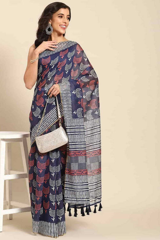 Zora Navy Blue Cotton Blend Abstract Digital Printed Ready to Wear One Minute Saree