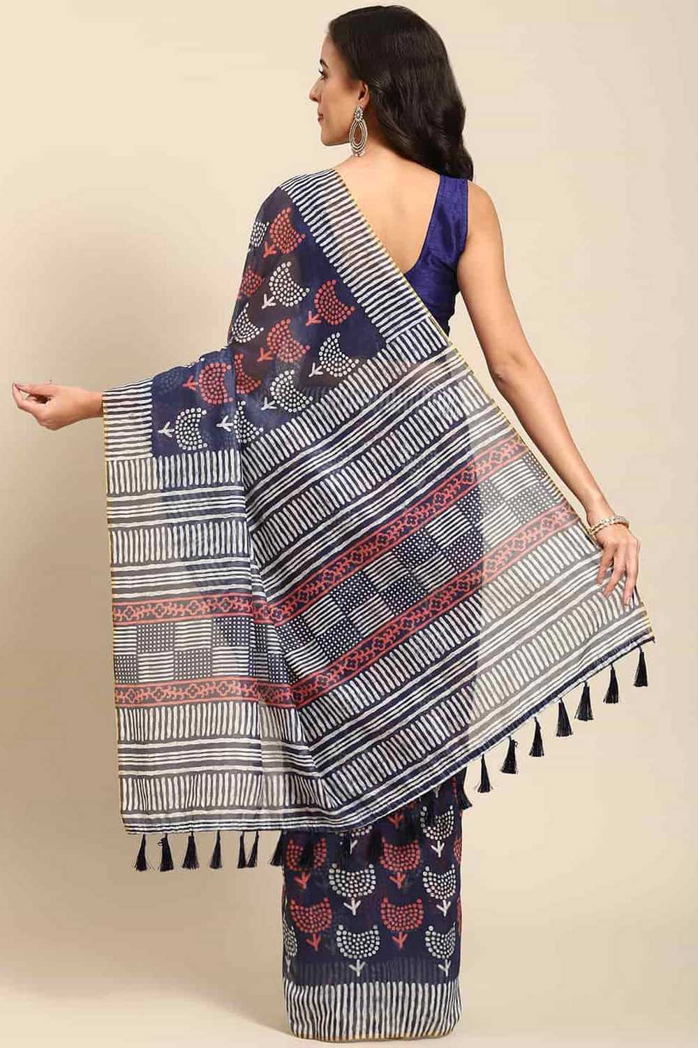 Zora Navy Blue Cotton Blend Abstract Digital Printed Ready to Wear One Minute Saree