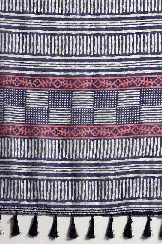 Zora Navy Blue Cotton Blend Abstract Digital Printed Ready to Wear One Minute Saree