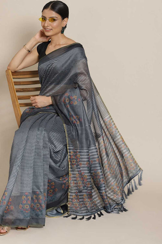 Zora Black Cotton Blend Striped Digital Printed Ready to Wear One Minute Saree