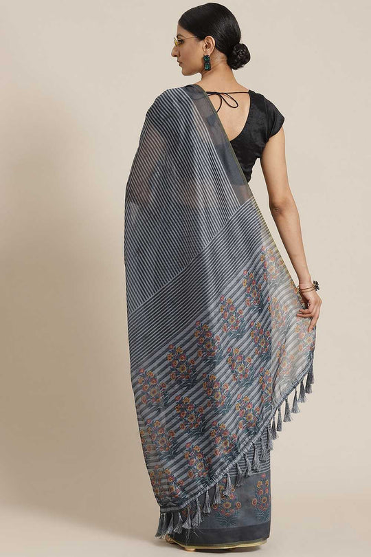Zora Black Cotton Blend Striped Digital Printed Ready to Wear One Minute Saree