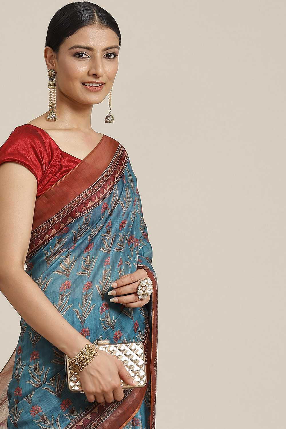 Zora Teal Cotton Blend Kalamkari Digital Printed Ready to Wear One Minute Saree