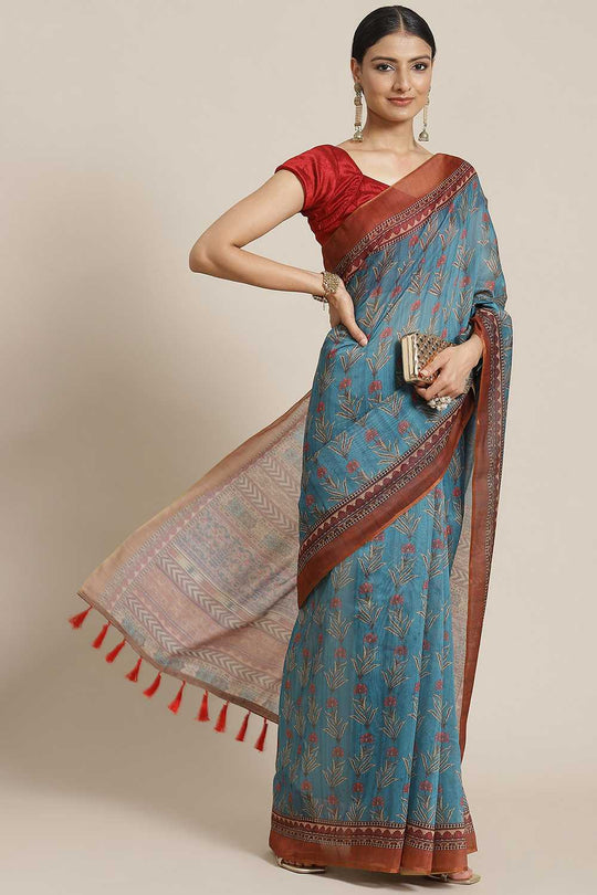 Zora Teal Cotton Blend Kalamkari Digital Printed Ready to Wear One Minute Saree